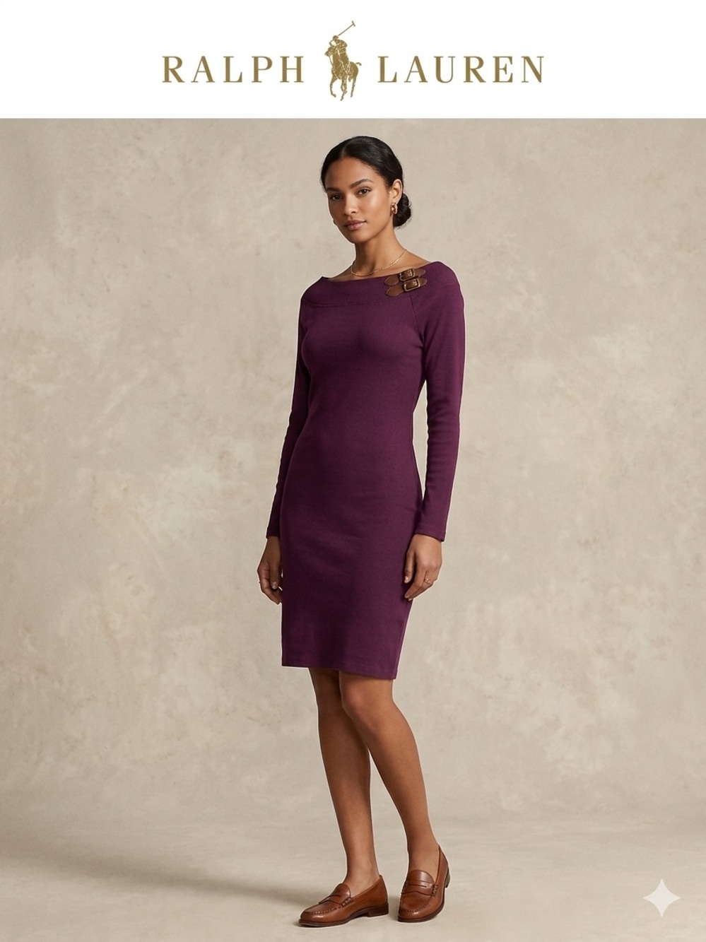 Ralph Lauren Plum Long-Sleeve Ponte Dress with Buckle Detail